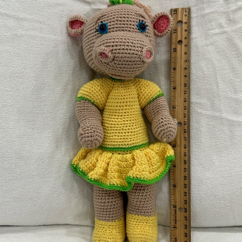 Handmade Yellow and Green Crochet Hippo Toy